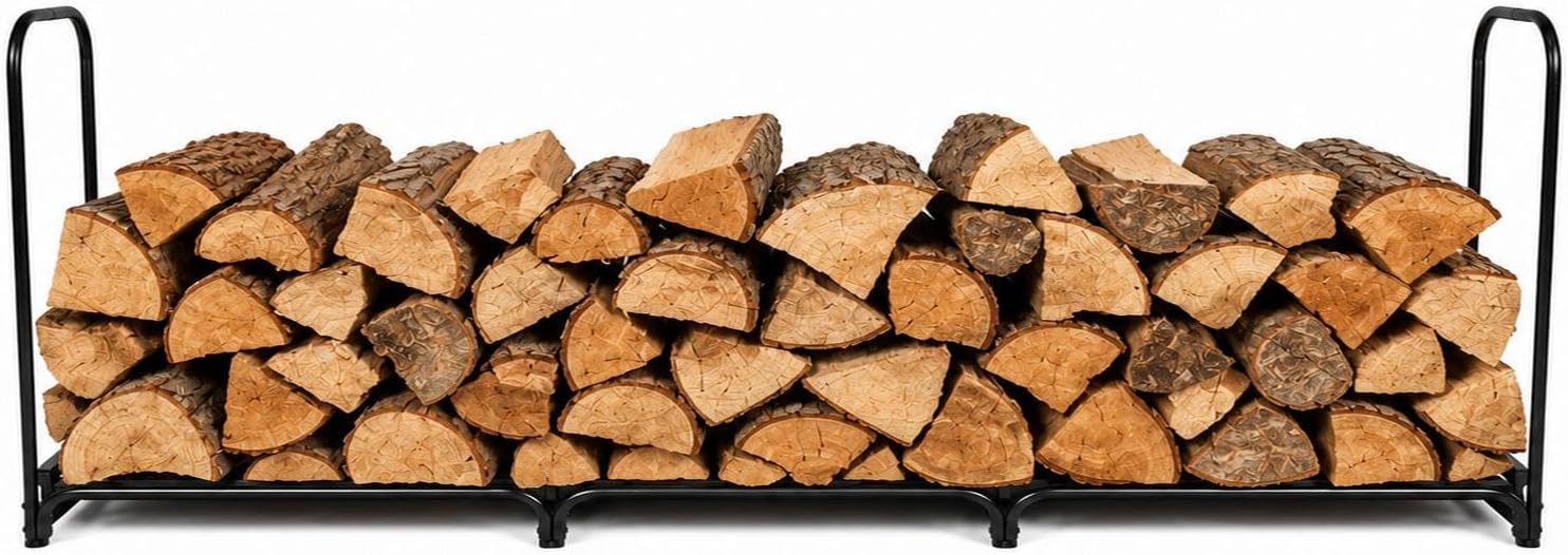 Firewood Storage Rack Outdoor with Waterproof Cover, 900 lb Capacity Log Holder for Patio Garden, Heavy Duty Metal Wood Pile Organizer, Black