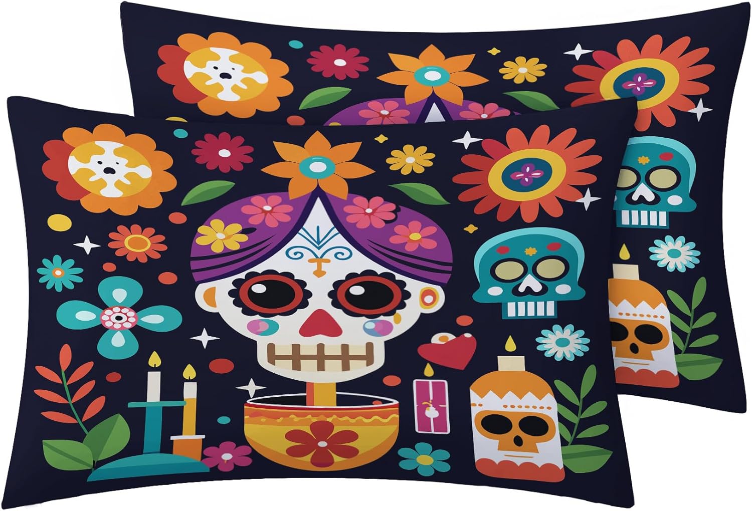 Generic Mexican Suger Skull Pillowcase for Room Decor & Gift, Day of The Dead Pillow Cases King Size Set of 2, Mexican Suger Skull Pillow Covers with Hidden Zipper for Bed, Sofa, (20x36 Inch) uWl72