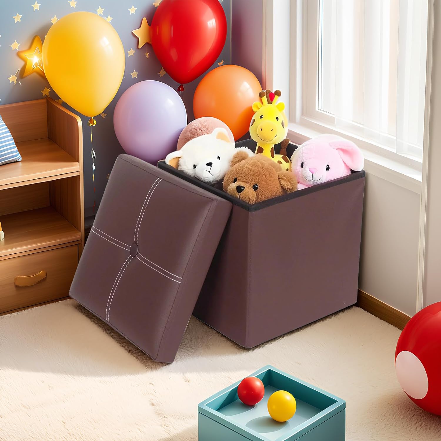 ShellKingdom Small Folding Storage Ottoman Cube, Faux Leather Storage Footrest Bench, Foot Rest Stool for Home, Living Room, Bedroom, Dorm, 11.8 x 11.8 x 11.8 inches (Brown) - Image 7