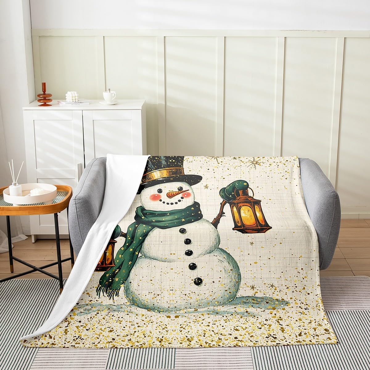 Cute Snowman Fleece Blanket,Winter Christmas Scarf Lantern Vintage Bed Blanket for Kids Teens,Romantic Golden Starry Sequins Glitter Flannel Blanket for Room Decor,Queen 90"x90"