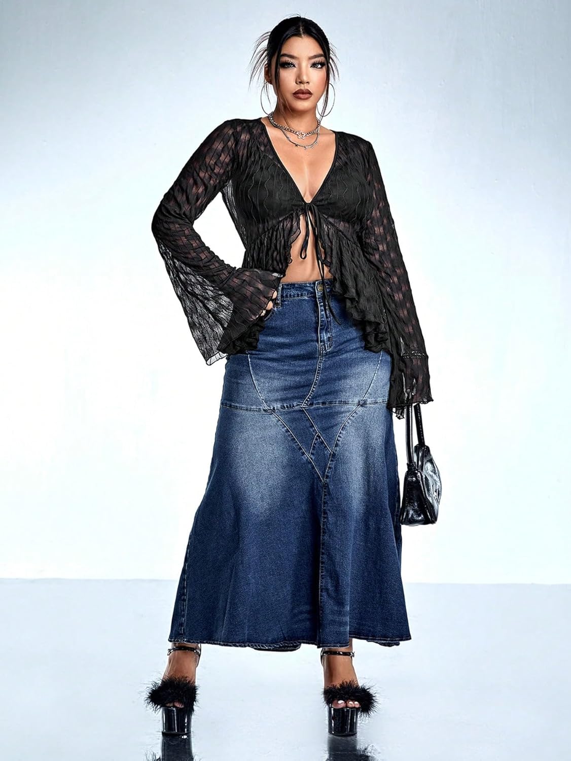 WDIRARA Women's Plus Size Sexy Sheer Mesh Tops Deep V Neck Bell Long Sleeve Tee Shirts - Image 5