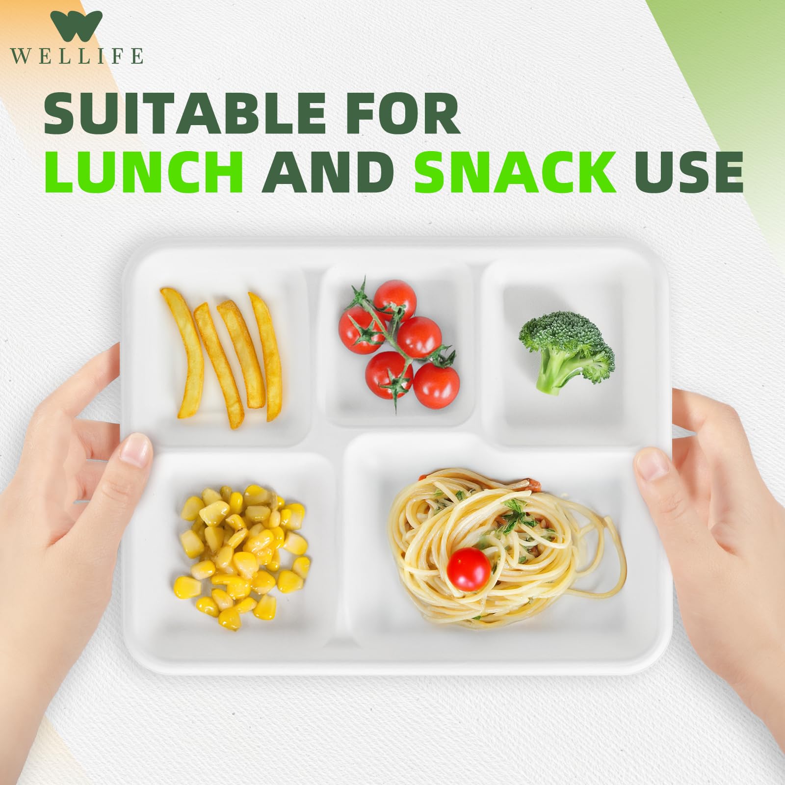 WELLIFE Lot de 125 assiettes en carton jetables compostables à 5 compartiments 26 x 21 cm - Assiettes biodégradables pour fête, dîner, buffet (blanc)
