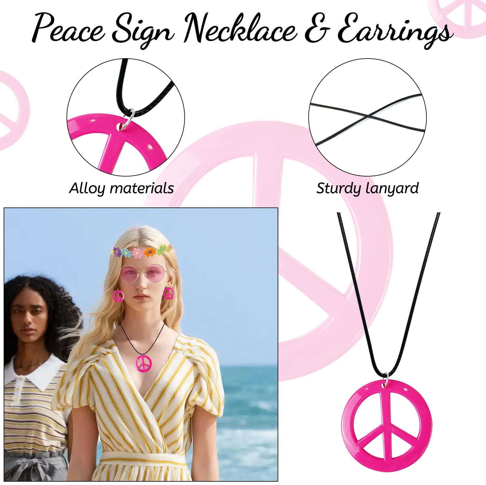 Hippie Kostüm Accessoires,4 Stück Hippie Accessoires,Hippie Kostüm Zubehör,Hippie Kostüm Set mit Sonnenbrille Friedenszeichen Halskette Ohrringe Stirnband,Hippie Schmuck für Party Fasching Karneval