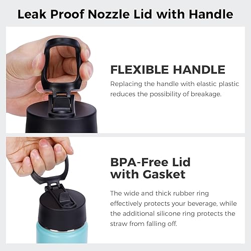 Miniatura 12 de Neihepal Botella de agua aislada de 22 onzas con tapa con popote, botellas de agua de acero inoxidable al vacío de doble pared a prueba de fugas,