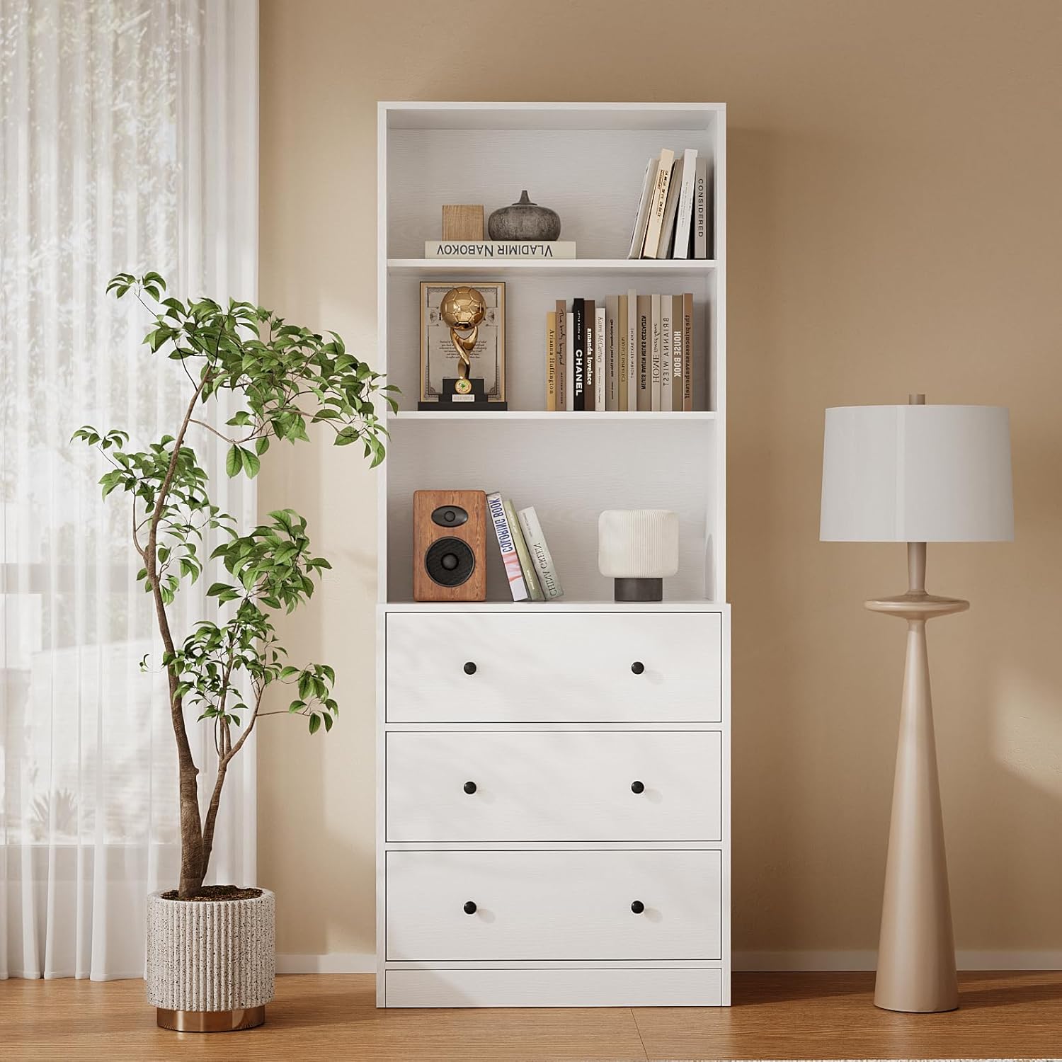 TUSY 71'' Wood Bookshelf with 3 Drawers - 6 Tier Freestanding Tall Storage Cabinet, Modern Floor Cabinet for Bedroom, Curio Cabinets with Storage for Living Room, Home Office (1, White)