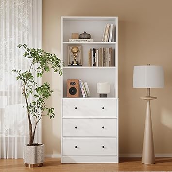 TUSY 71 Wood Bookshelf with 3 Drawers - 6 Tier Freestanding Tall Storage Cabinet, Modern Display Cabinet for Dorm, Curio Cabinets with Storage for Living Room, Home Office 1, White