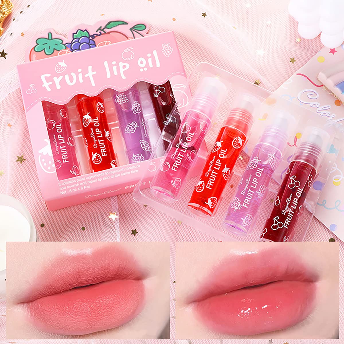 4 Pcs Fruit Roll-on Lip Gloss Set, Clear Lip Gloss Crystal Jelly Liquid Lipstick, Plumping Lip Oil Moisturizing Hydrating Non-Sticky, Nice Gift for Women Girl