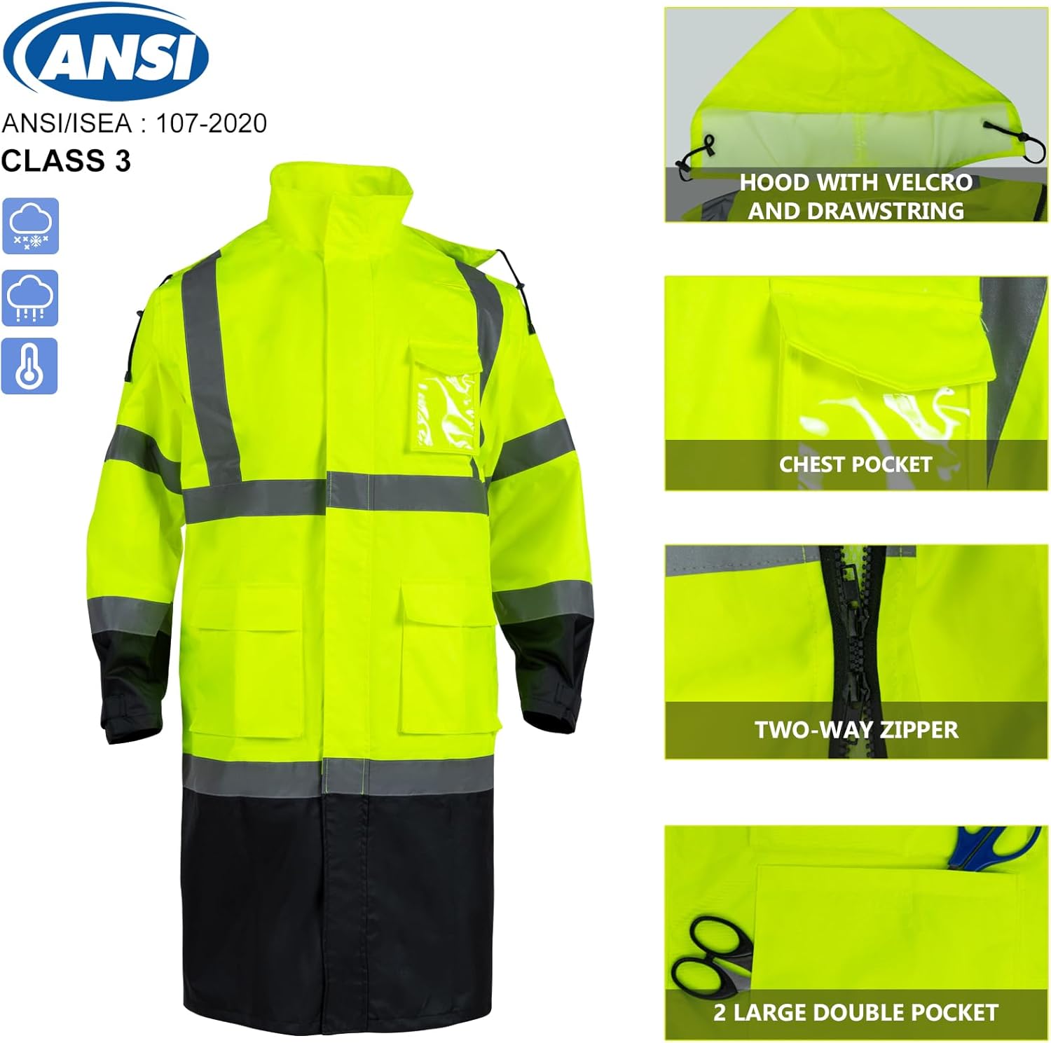 VENDACE Hi Vis Safety Long Waterproof Jacket, Class 3 High Visibility Coat for Men, Construction Rain Gear