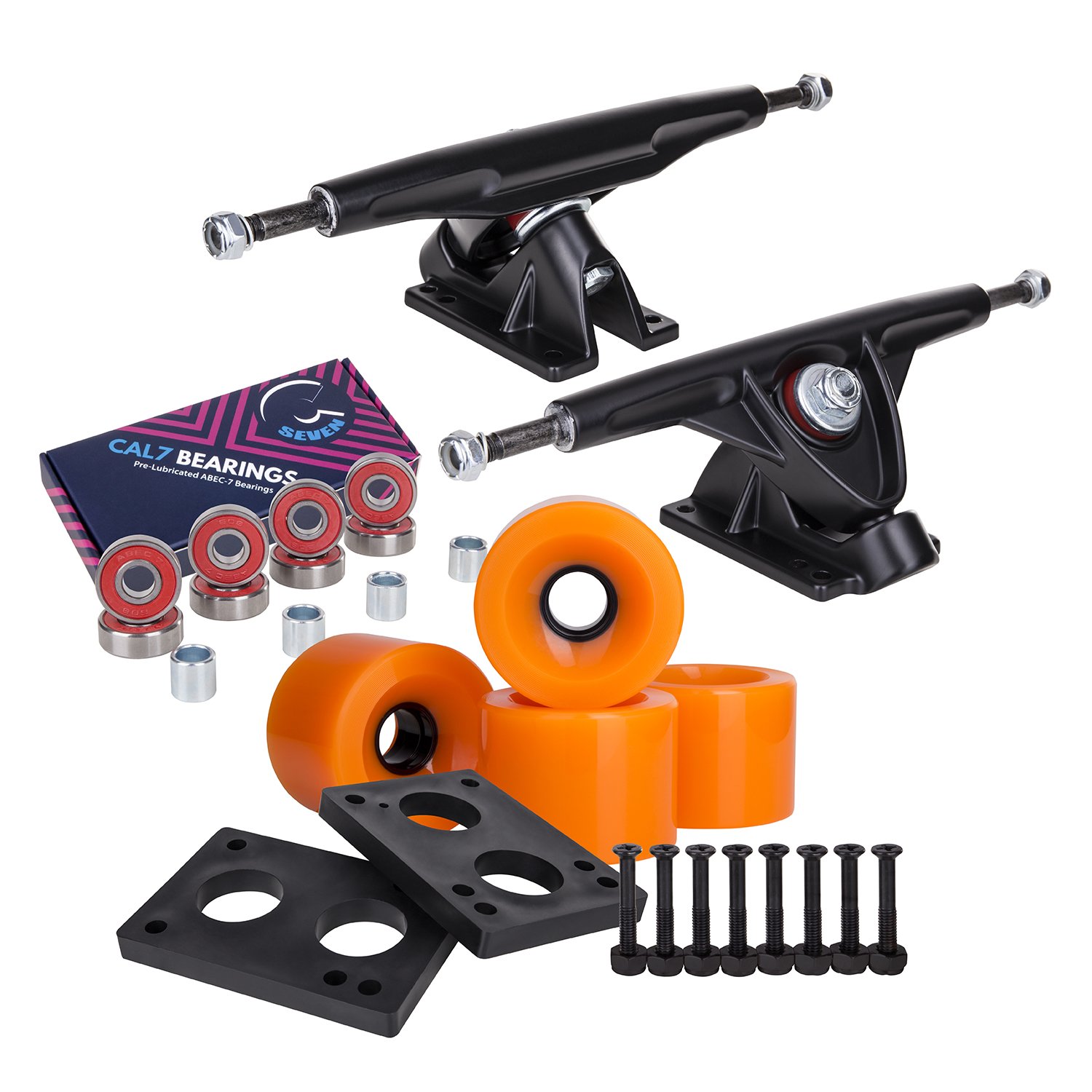 Cal 7 Longboard Skateboard Combo Package with 70mm Wheels & 180mm Lightweight Aluminum Trucks, Bearings Complete Set & Steel Hardware (Black Truck + Solid Orange Wheels)