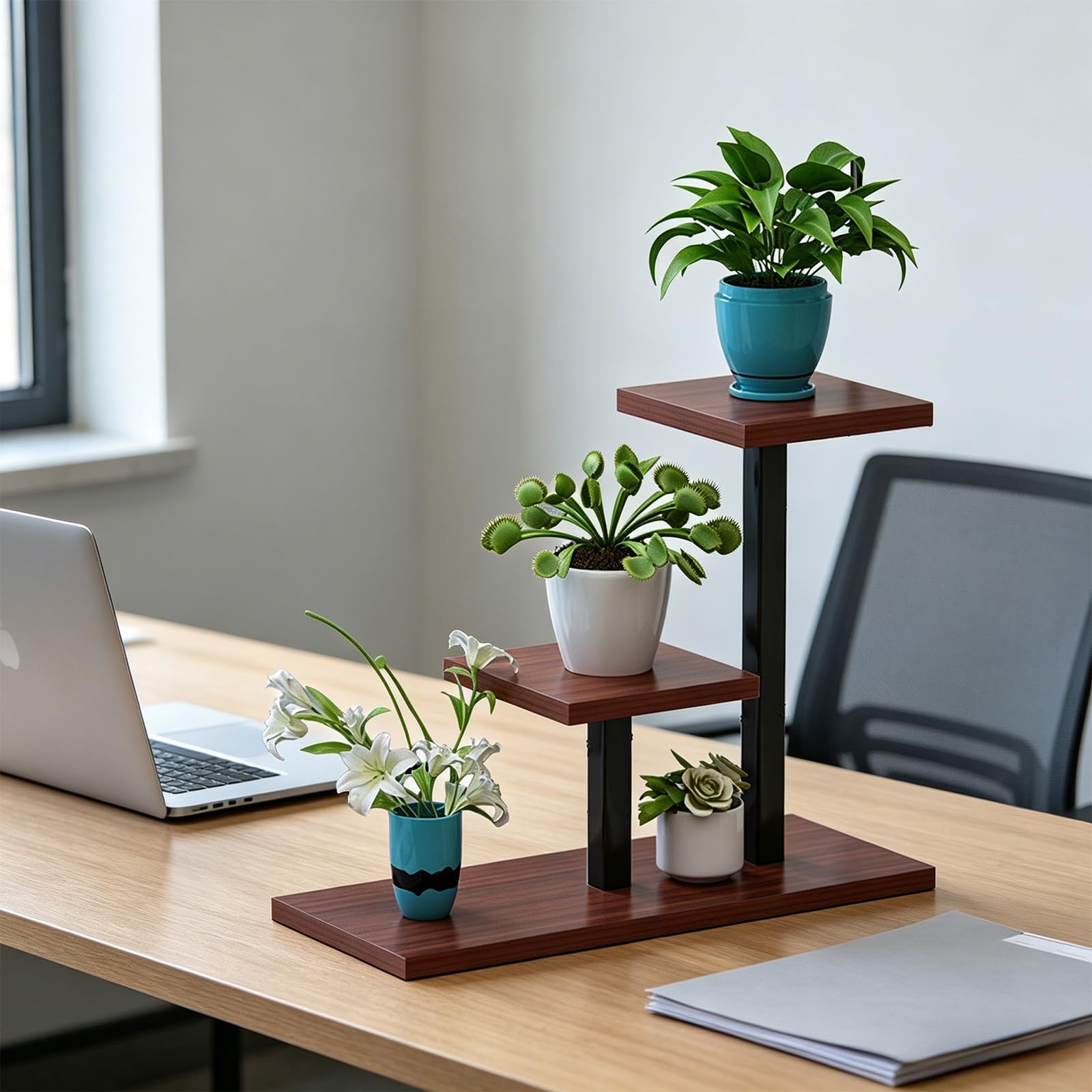 Corner Plant Holder, Multi Tier Plant Stand Indoor, Window Sill Plant Shelf with 3 Display Platforms, Wood Tabletop/Window Sill Shelf, Cute Flower Display Rack for Desk & Balcony (Brown)