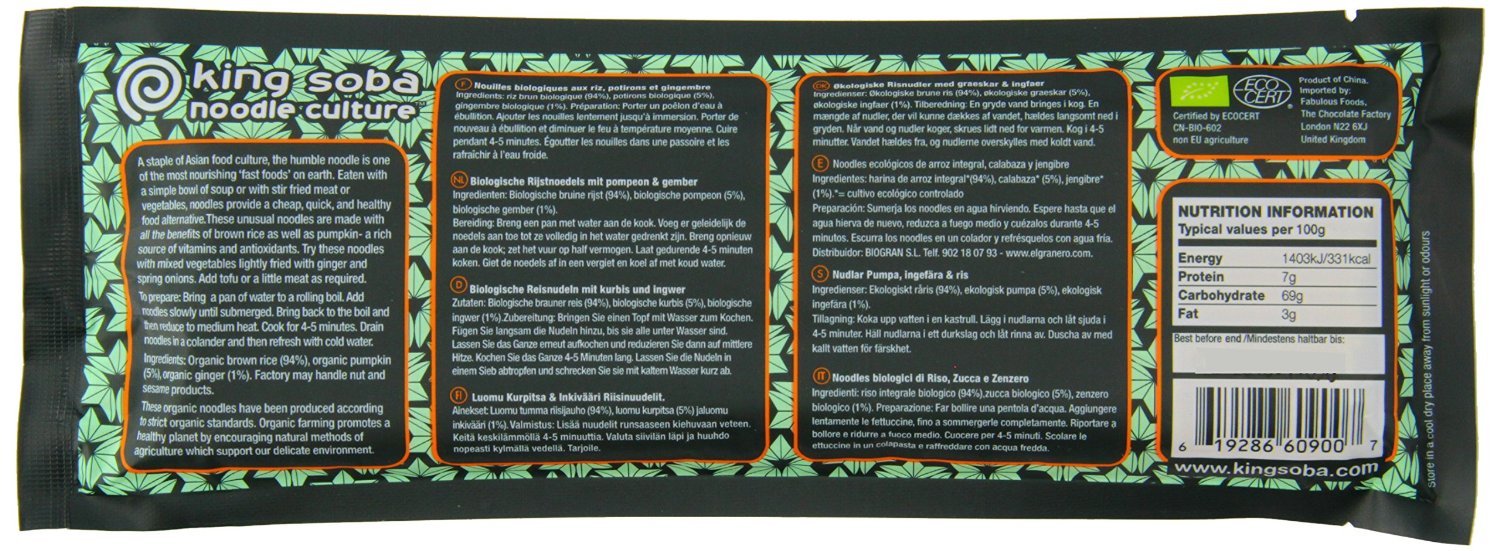 King Soba | Fideos de calabaza y jengibre de arroz | 11 x 250g (Reino Unido)