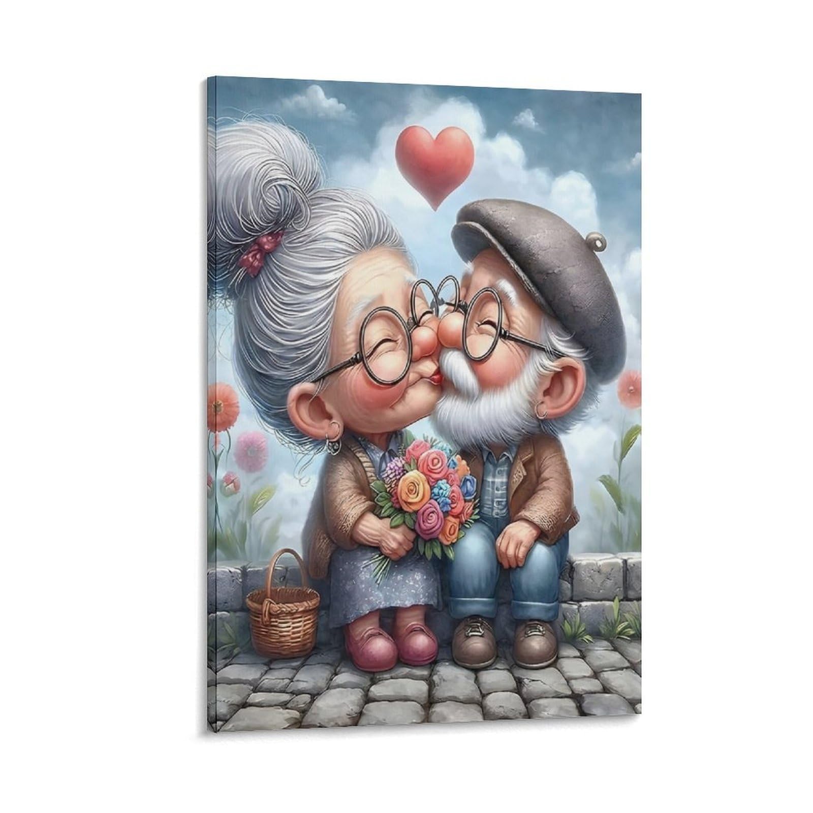 DHBANEIOK Elderly Couple Kiss Poster Artwork Canvas Prints Picture Modern Canvas Wall Art Picture Wall Hanging for Office Gym Living Room Decor 20x30inch(50x75cm)