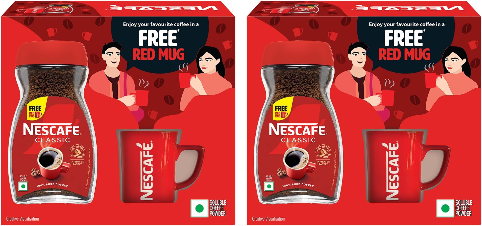 Classic Instant Coffee Powder | Great start to your morning | 100% Pure Coffee | Free Red Mug | 180g, Box (Pack Of 2)