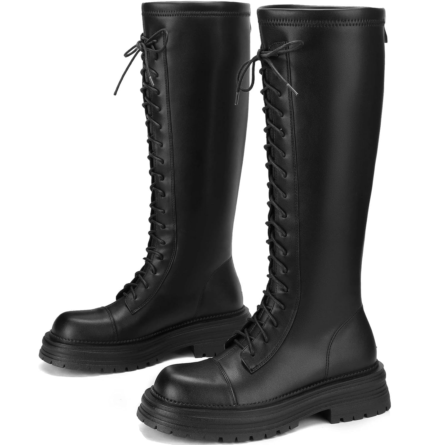 Womens Chunky Platform Knee High Boots - Combat Motorcycle Riding Boots in Faux Leather with Lace Up Zipper