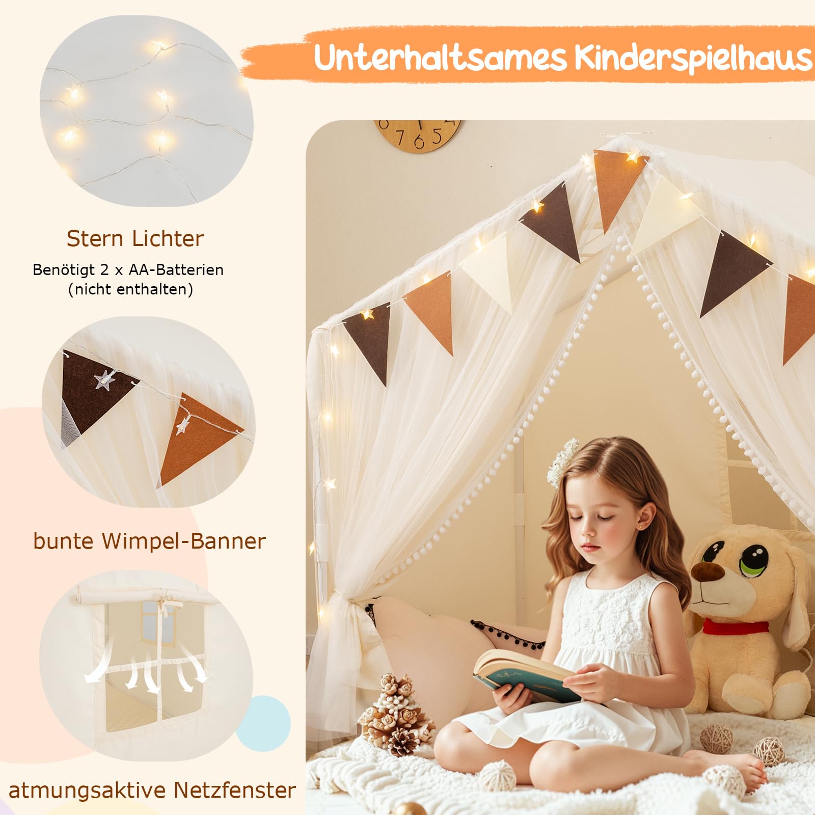 GOPLUS Spielhaus Kinder Indoor, Spielzelt groß mit Vorhängen, Fenstern, Sternenlichtern, bunten Flaggen & gepolsterter Matte, waschbares Kinderzelt für Mädchen & Jungen ab 3 Jahren (Beige)