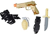 Sunny Days Commando 5-Piece Toy Play Set: Realistic Blaster with Sounds, Holster, Knife, Grenade for Kids Military Cowboy Role Play Costumes