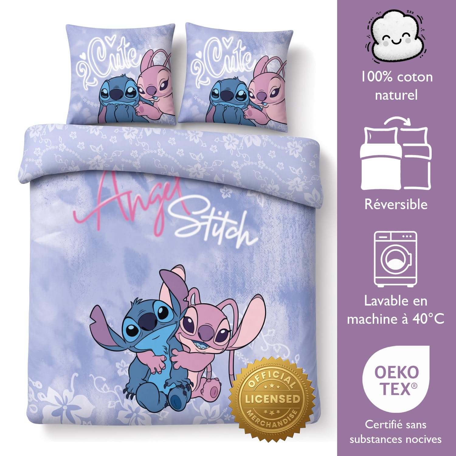 Stitch y Angel Funda Nórdica 200x200 + 2 Fundas Almohada 65x65 Polialgodón