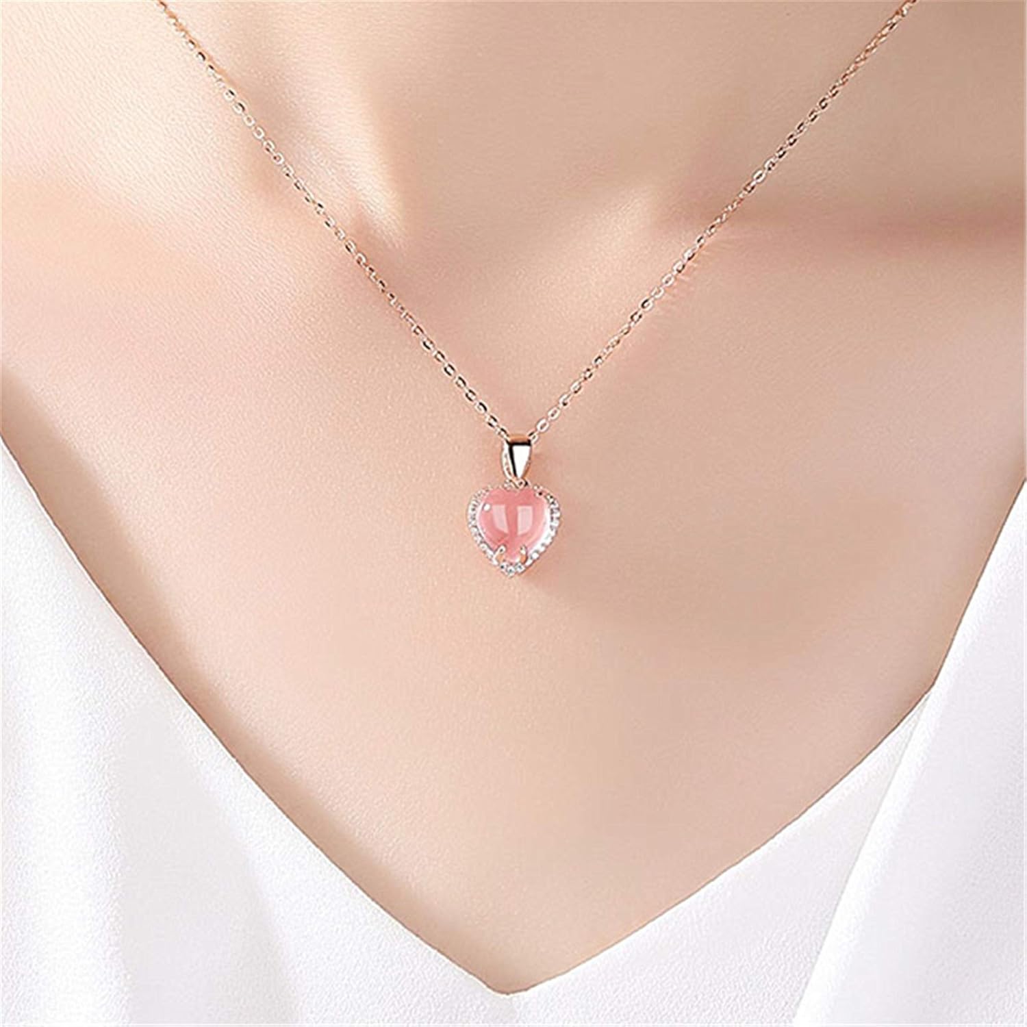 Uloveido Simulated Rose Quartz Heart Pendant Healing Love Stones Crystal Necklace Valentines Gifts for Women - Image 2