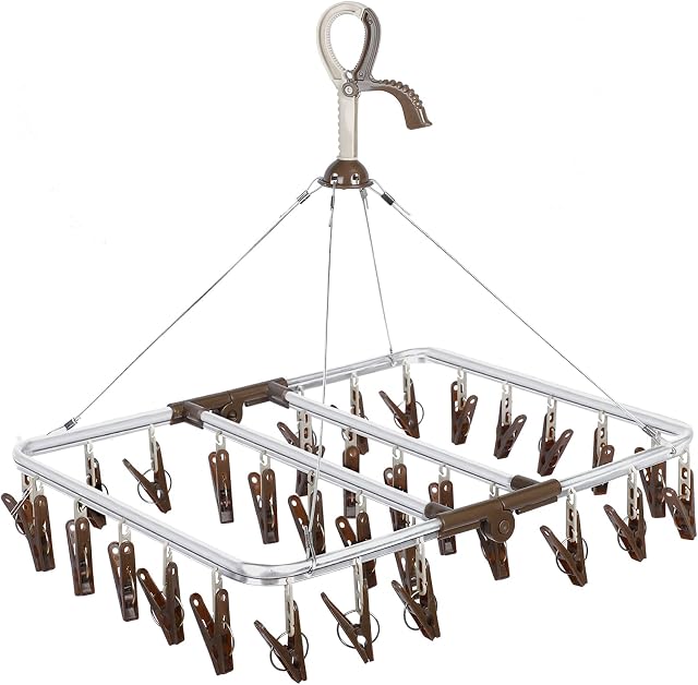 ANVINKU Sock Hanger for Washing Line, Aluminum 32 Pegs Sock Dryer, Folding Sock Drying Rack, Underwear Peg Hanger with Windproof Hook, Sock Airer for Underwear Baby Clothes & HatsDark Brown
