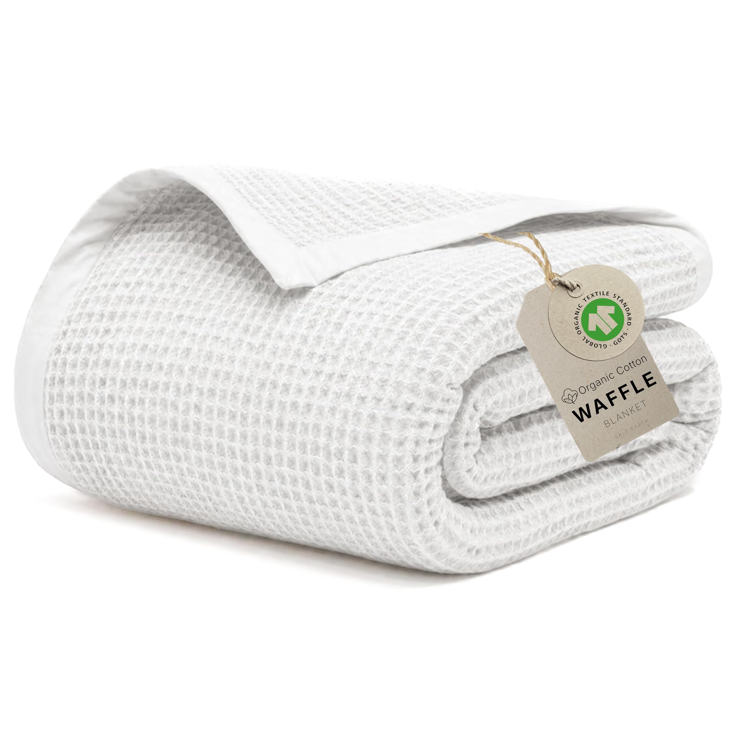 Salt Earth GOTS Certified 100% Organic Cotton Throw Blanket, 108" X 90" Waffle Blankets & Throws for Bed, Throw Blanket for Couch, Modern & Cozy Blanket, All Season, Comfy & Soft Blanket(Snow White)