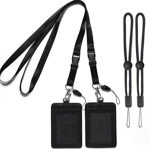 YOUOWO Paquete de 2 soportes para tarjetas de cuero + 2 cordones para el cuello, hebilla desmontable, correa negra para hombres y mujeres, llaves de