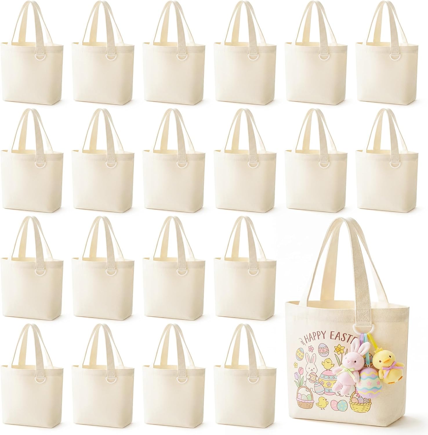 Amylove 24 Pack Mini Canvas Tote Bags with D-ring, 9 x 8 x 4 Inch Small Blank Sublimation DIY Tote Bags Bulk for Easter Party Favors, Crafts, Painting, Reusable Sublimation Bag for Bridesmaid Gifts