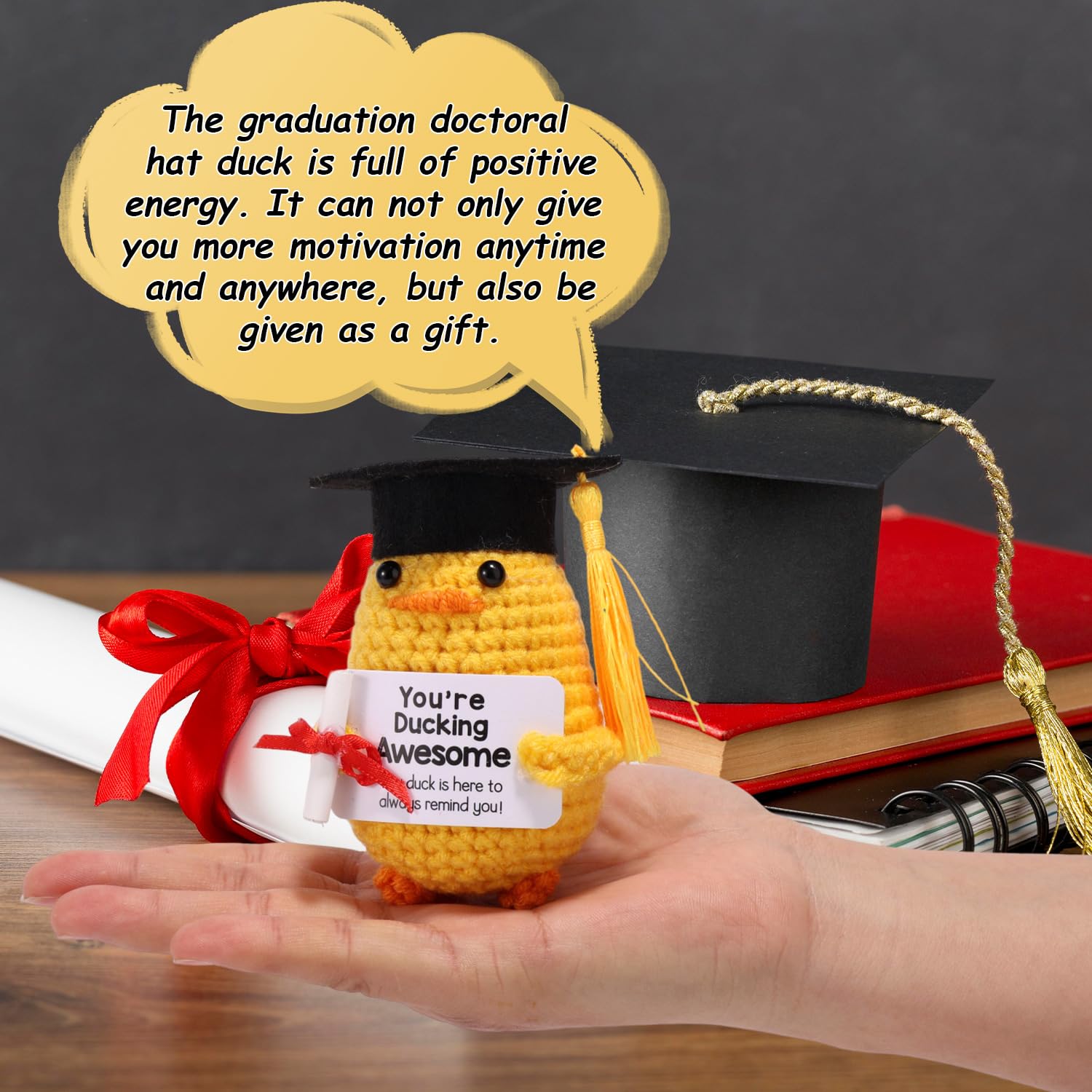 TOYMIS Positive Graduation Duck Crochet, Emotional Doll Support Graduation Crochet Animal with Grad Hat and Certificate You're Ducking Awesome for Encouraging Grad Gift Memorial Photo Prop - Image 4