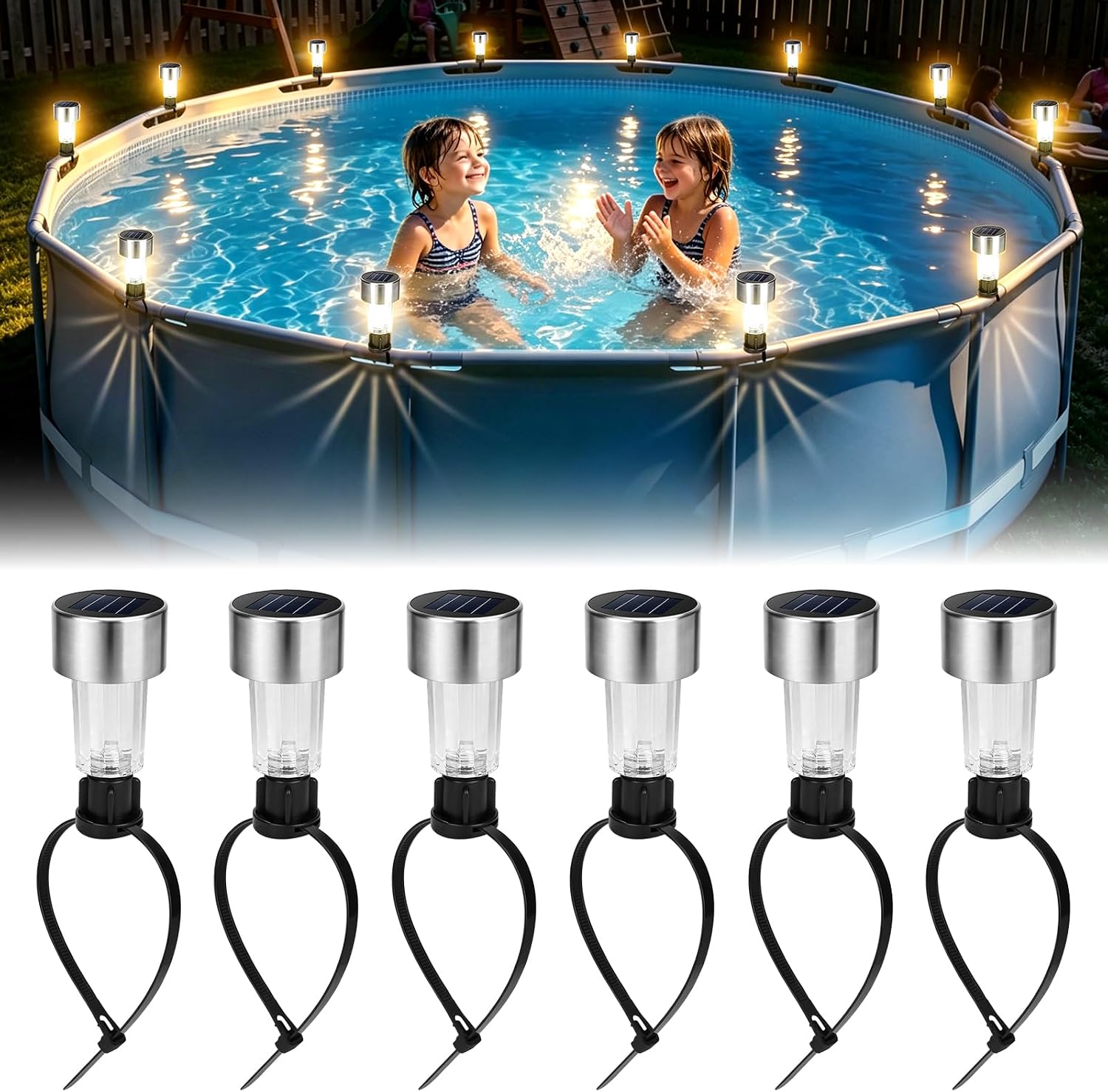 Pool Lights for Above Ground Pools, 6 Pack Solar Waterproof LED Lights | Solar Powered, Warm Light, Pool Fence & Frame Use, Auto Dusk-to-Dawn Lighting, Outdoor Swimming Pools Decoration Accessory