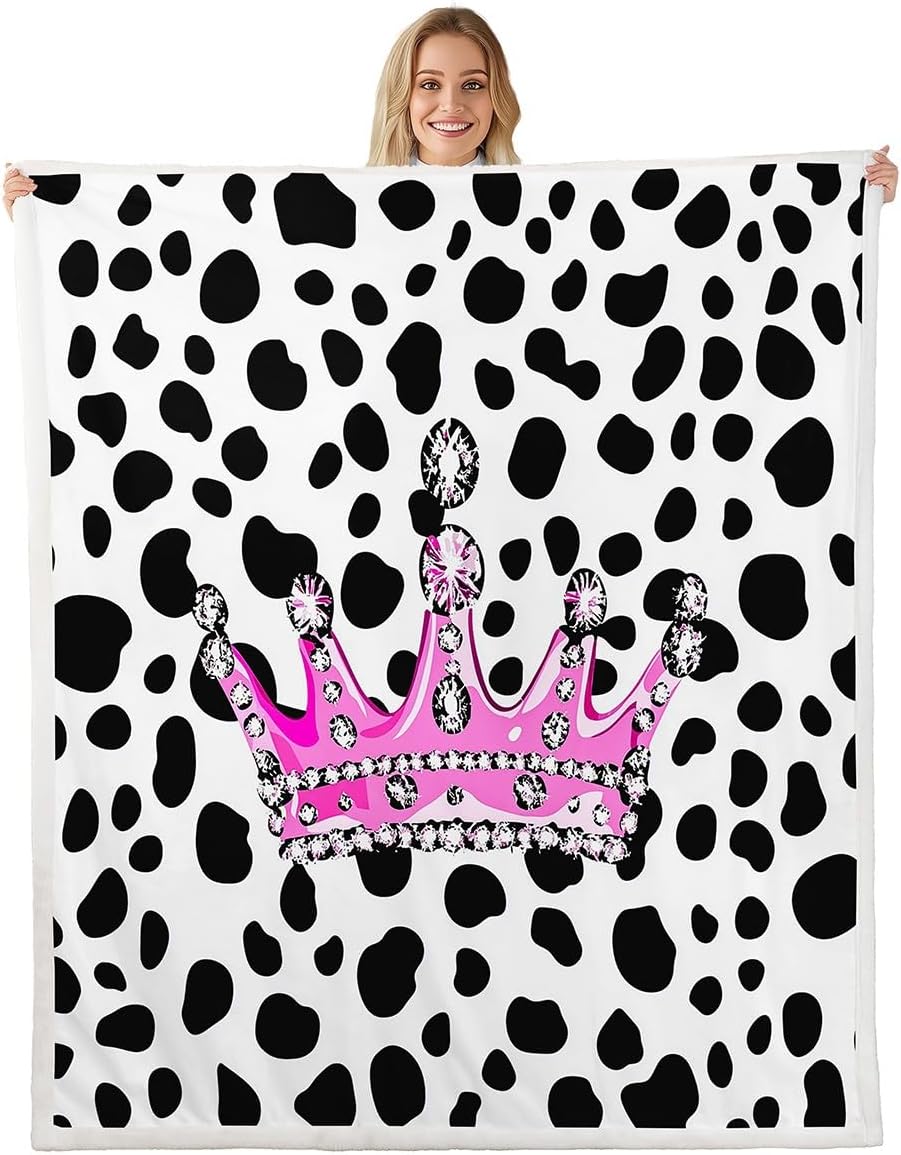 Princess Crown Flannel Fleece Blanket,Pink Girly Style Dreamy Super Soft Blanket for Bed Sofa Couch,Girls Milk Cow Skin Animal Bed Blanket for Bedroom Decor,Twin 60"x80"
