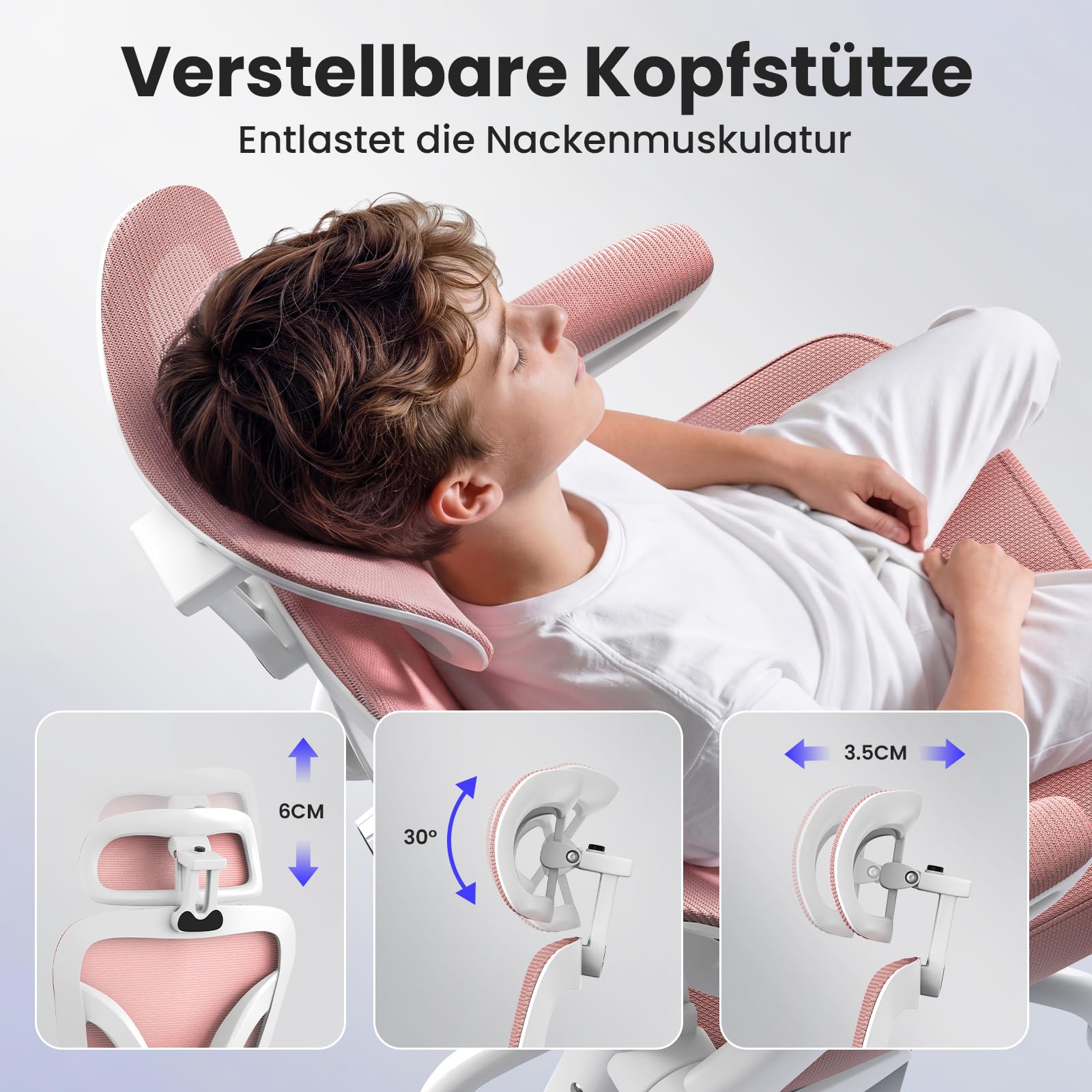 naspaluro Bürostuhl, Ergonomischer Schreibtischstuhl, 110kg, Rosa | Netzbespannung, 3D-Verstellbare Kopfstütze, Lendenwirbelstütze, 90°-Armlehne, Wippfunktion, für Home Office, Büro & Studenten