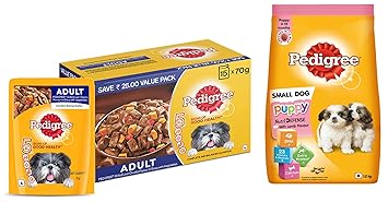 Pedigree Adult Wet Dog Food, Grilled Liver Chunks Flavour in Gravy with Vegetables, 15 Pouches ( 15 X 70 g ) & Pedigree Puppy Small Dog Dry Food, Lamb & Milk Flavour ? 1.2 Kg Pack