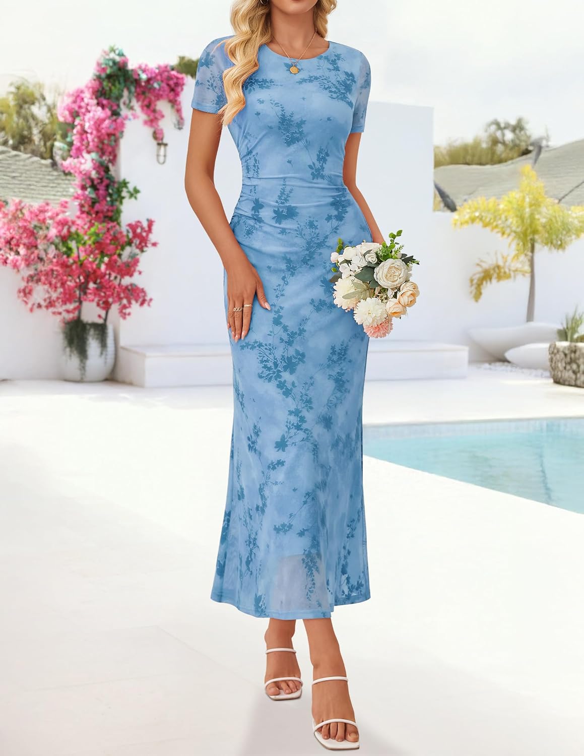 ZESICA Women's Summer Floral Bodycon Long Dress Ruched Mesh Beach Vacation Formal Cocktail Party Wedding Guest Maxi Dresses
