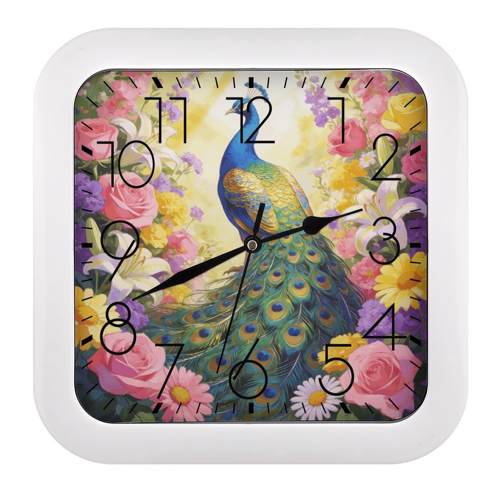 Fodpand Style Colorful Peacock With Floral Background Wall Clock,Battery Operated Modern Retro Rounded Square Clock Clock For Bedroom Living Room Office Home Gym Porch Decor Indoor Outdoor 10.2 * 10.2In