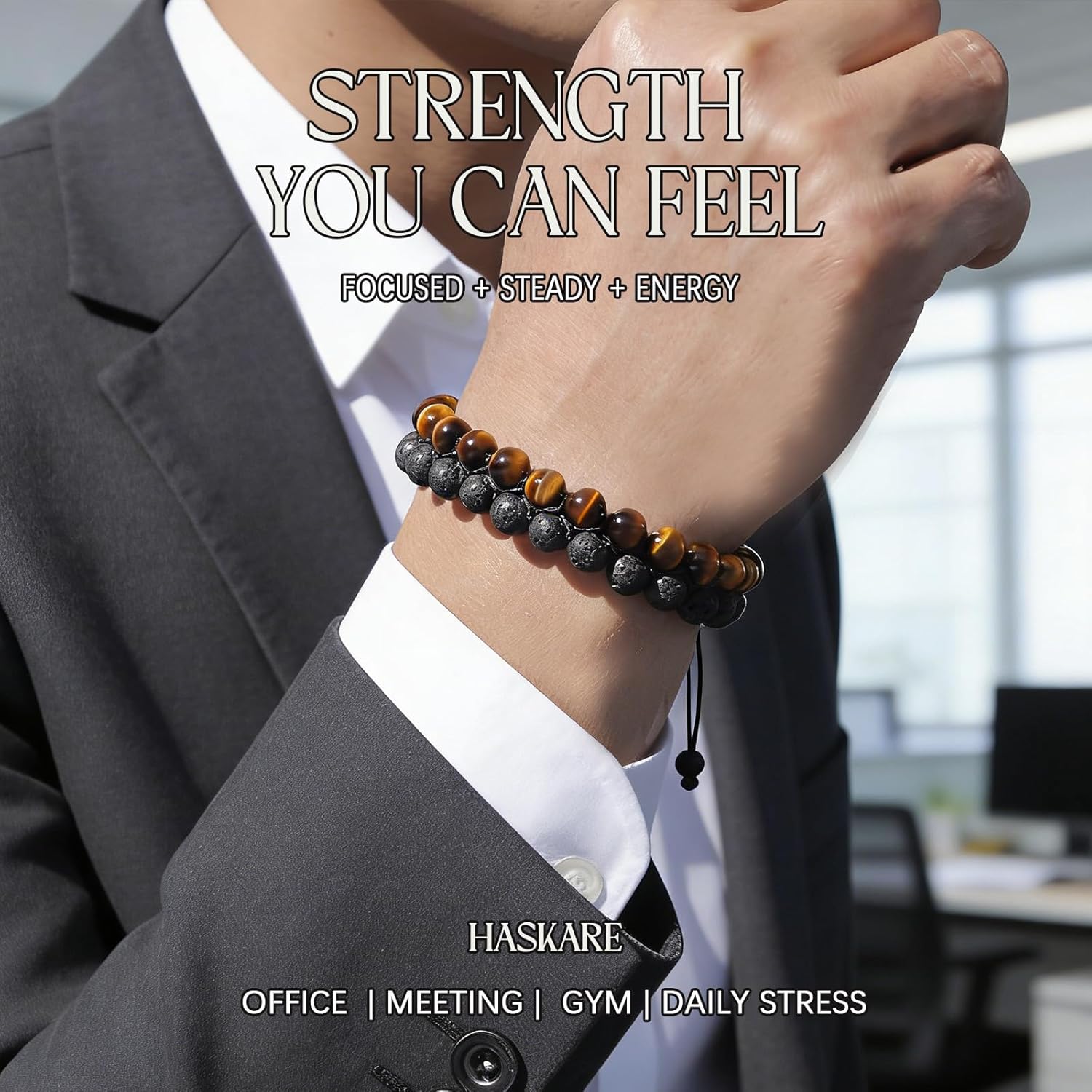 HASKARE Tigers Eye Crystal Bracelets for Men, Energy Beads Bracelet Real Tigers Eye Lava Rock Gemstone, Handmade Protection Crystal Bracelet Mens Bracelets Father Christmas Gift for Men Anxiety Relax