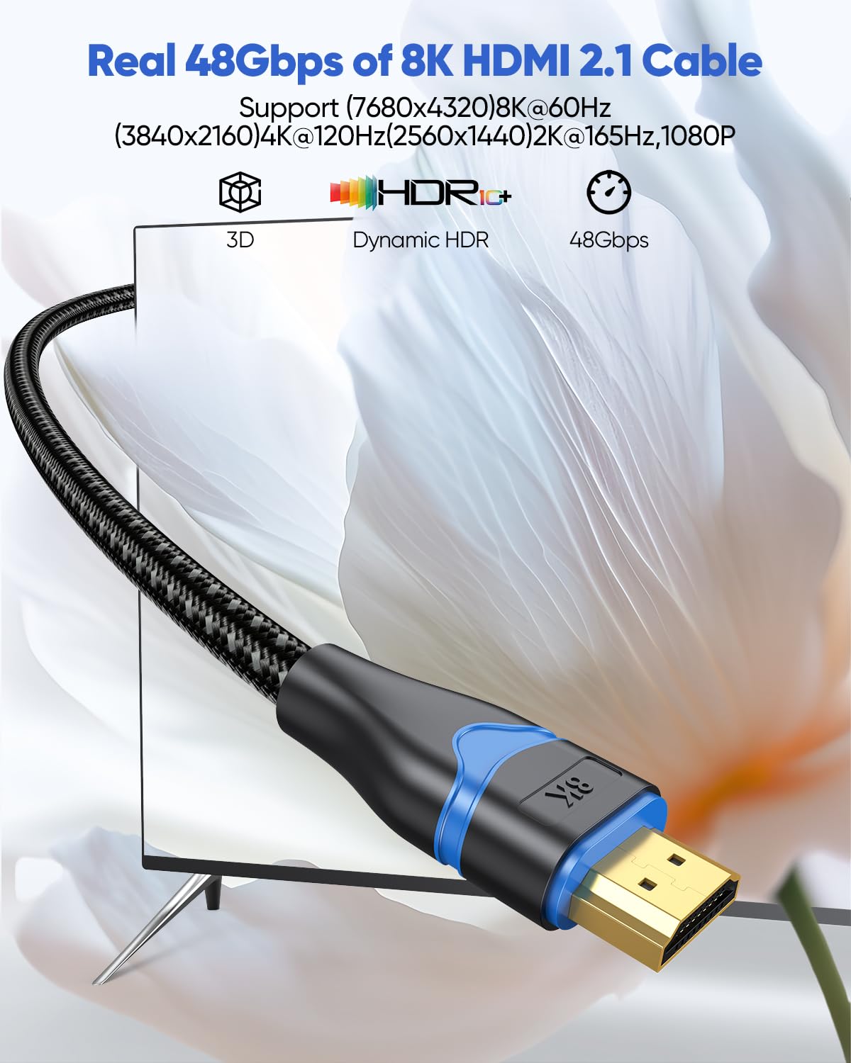 Cable HDMI de 15 pies 8K, cable HDMI 2.1 largo de 15 pies, cable trenzado HDMI de ultra alta velocidad (48 Gbps, 8 K a 60 Hz, 4 K a 120 Hz, 2K, eARC, HDCP 2.3, HDR dinámico) para HDTV, PS5,