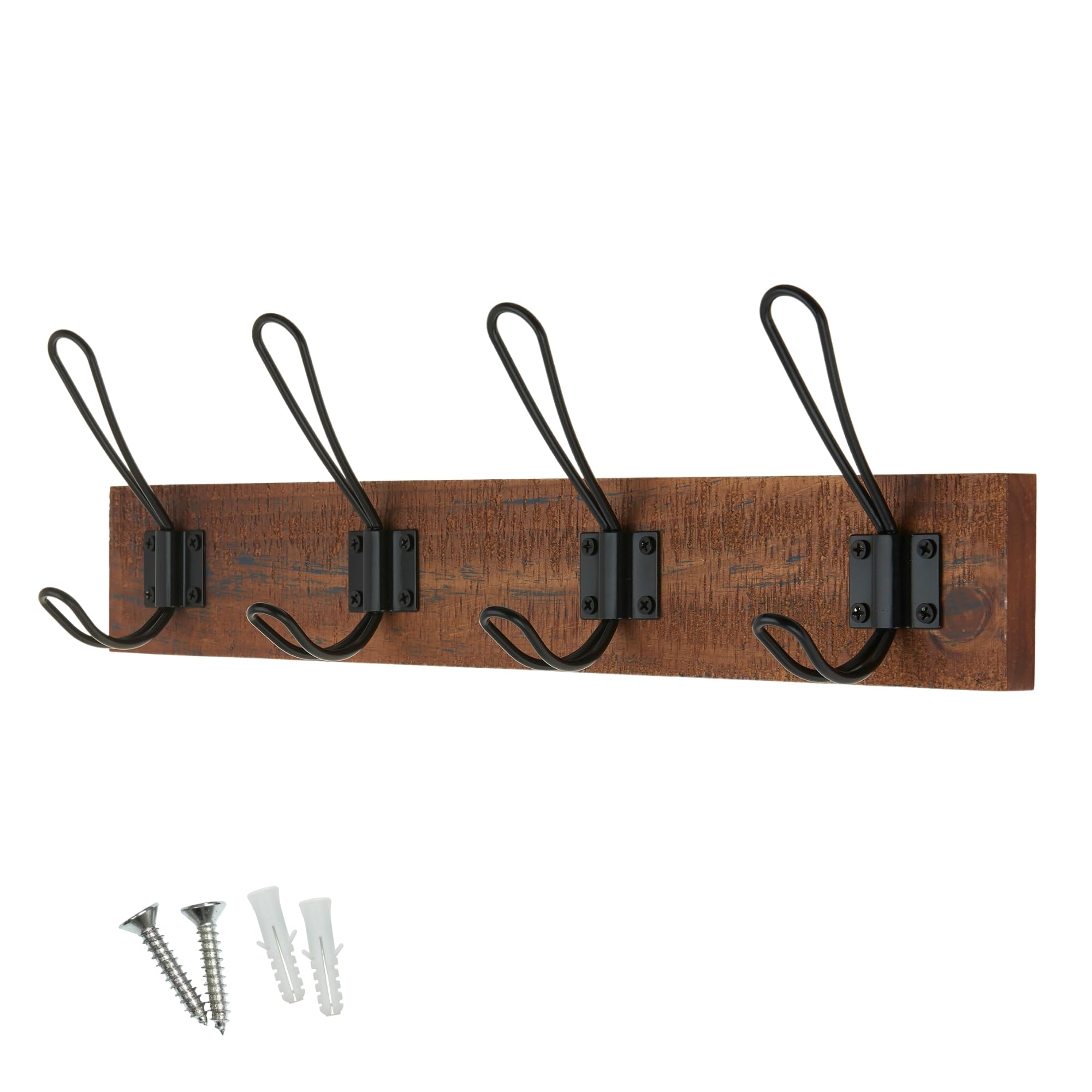 Keypak Antique Finish Rustic Wall Mounted Coat Rack, Double Wire Hooks On Wooden Base, Ideal For Entryway Hallway Living Room Bathroom, Fixings Included (4 Hooks, )