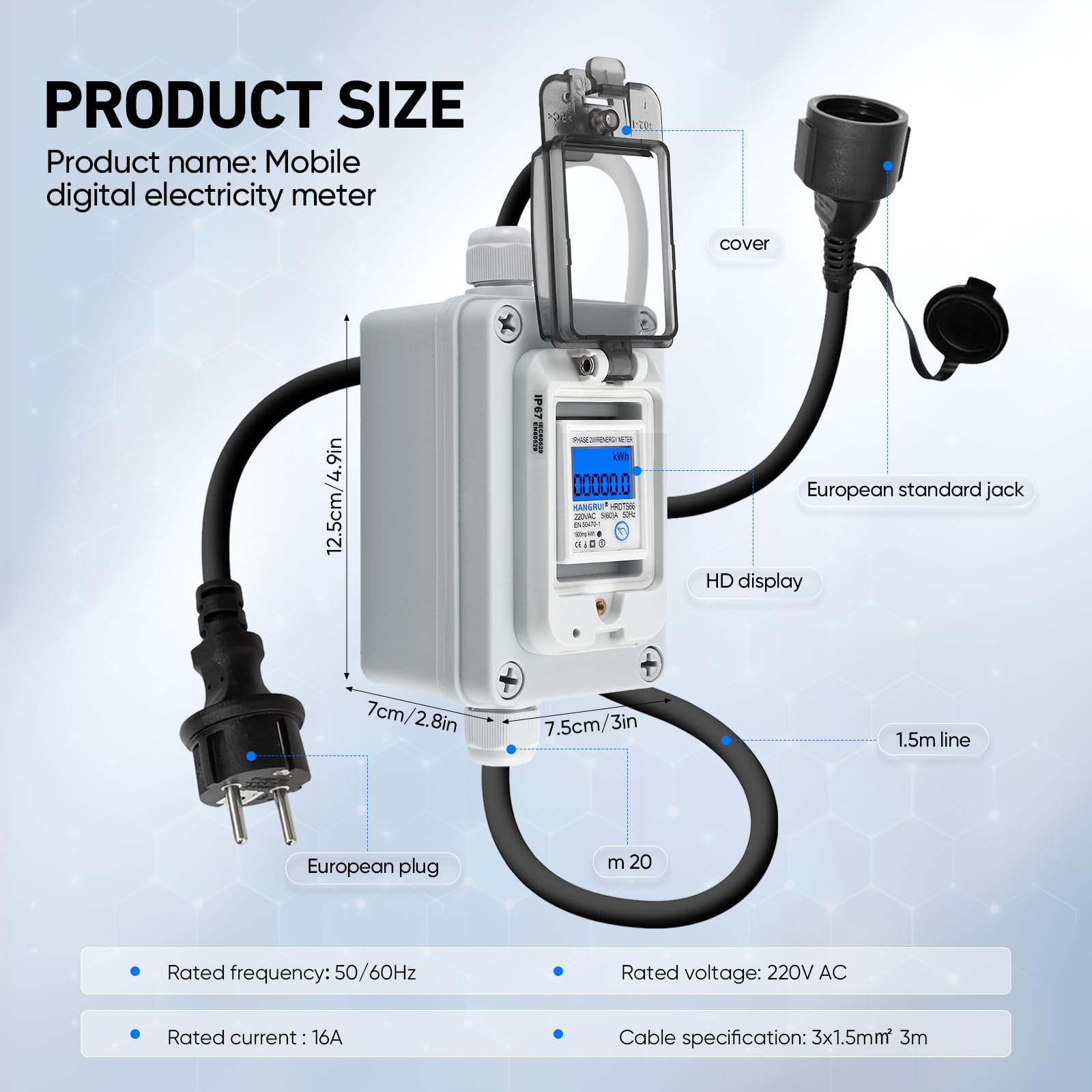 Compteur d‘Énergie Mobile IP67 Étanche, Prise CEE 16A, Surveillance de la Consommation en Temps Réel, Mémoire Anti-Coupure, pour Camping-Car, Van & Voiture Électrique, Câble Caoutchouc 3m