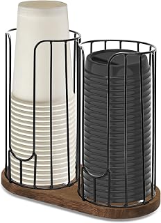 2-Compartment 18oz Coffee Cup Dispenser Rack with Wood Base, Disposable Cup, and Lid Organizer for Countertop - Perfect for Paper Cups, and Lid Organizer