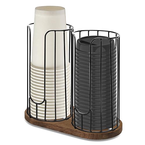 Tanggiteck 2-Compartment 18oz Coffee Cup Dispenser Rack with Wood Base, Disposable Cup, and Lid Organizer for Countertop - Perfect for Paper Cups, and Lid Organizer