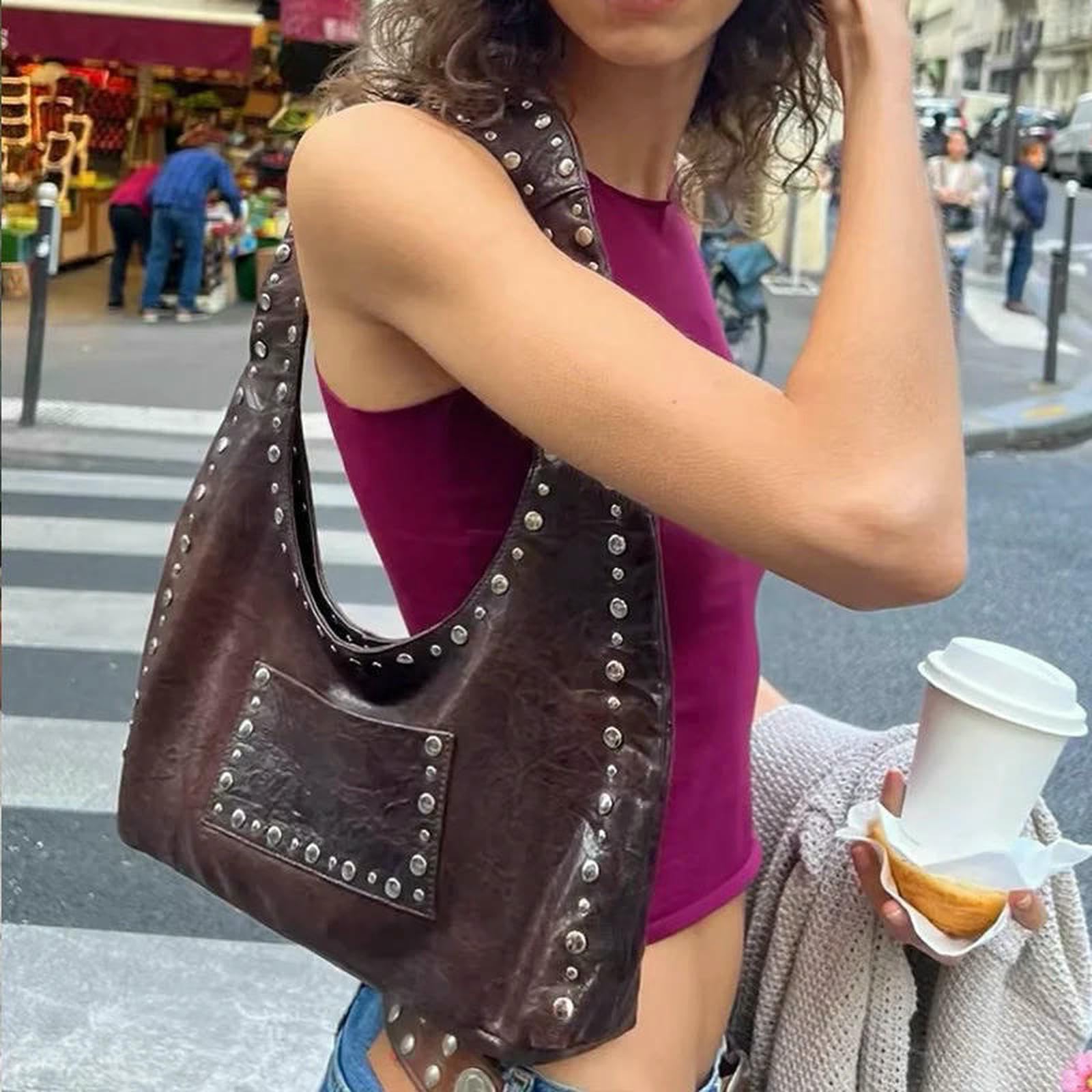 Borsa a Mano Donna Tracolla sotto Le Ascelle con Rivetti retrò da Moto Borchie in Metallo Stile Wasteland Borse Laterali Marroni-Giallo