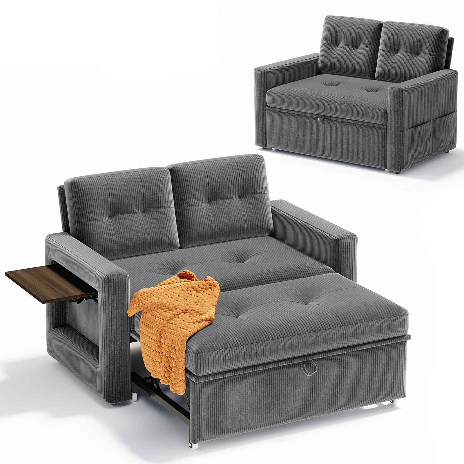 YOUDENOVA Divano letto 3-in-1, Poltrona letto con funzione salotto, Divano relax con schienale regolabile a 5 posizioni, Divano a 2 posti letto con tavolo e tasche laterali, Coste Grigio