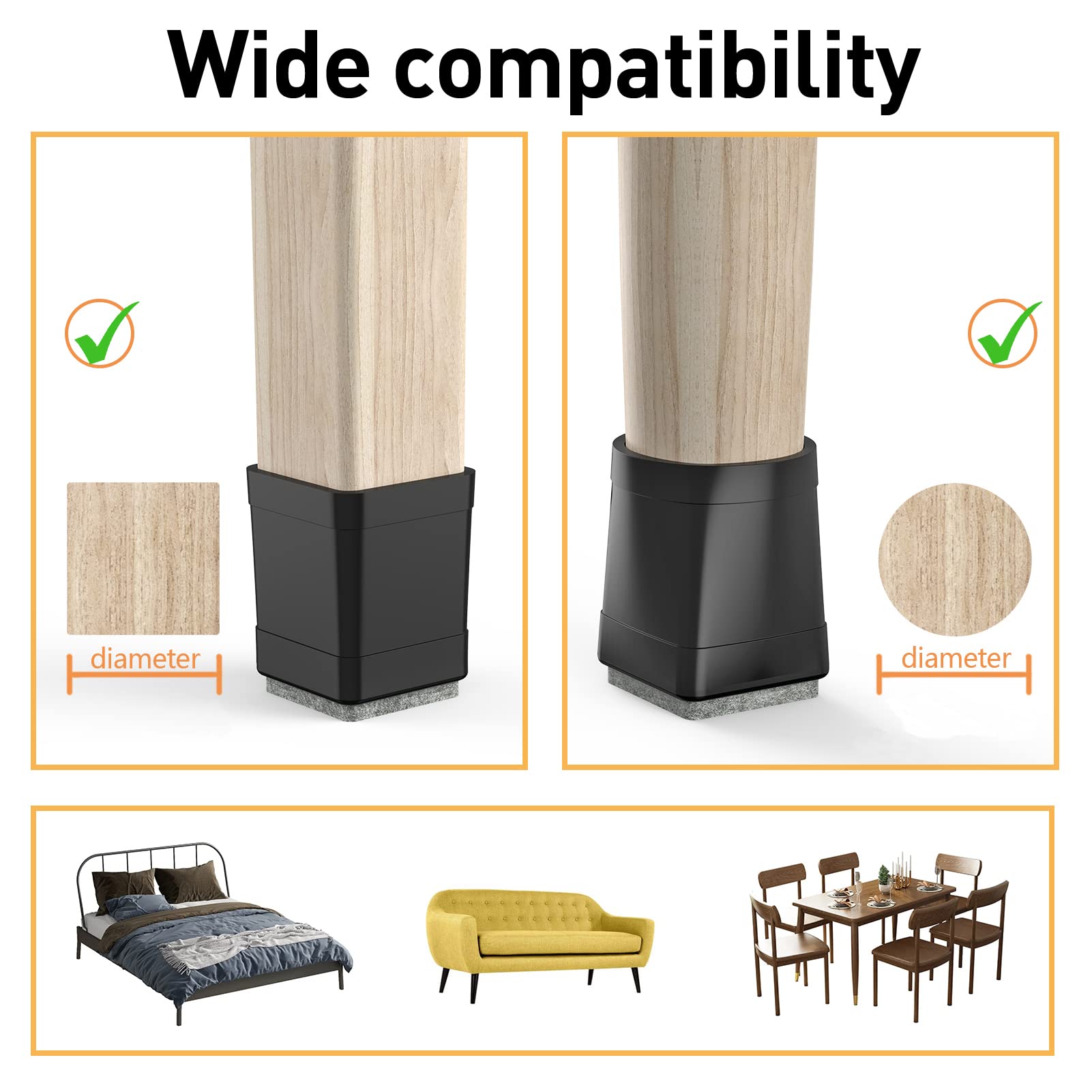 Lot de 16 protections de sol carrées en silicone pour pieds de chaise en bois dur pour éviter les rayures et réduire le bruit, faciles à déplacer (convient pour : 5,1 cm à 6,3 cm, noir)