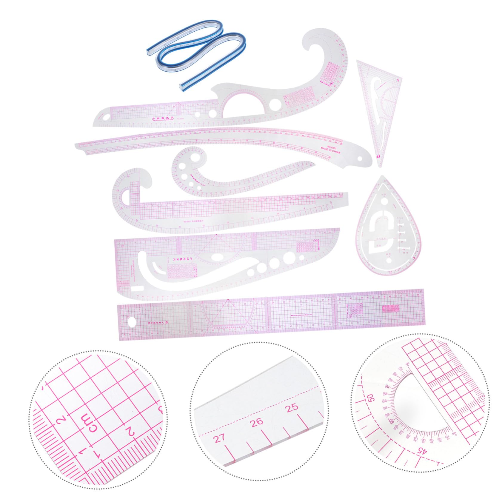Juego de 9 Reglas de Costura y Patronaje Pvc para Corte | Escala Clara y Medición Precisa, para Diseño de Ropa, Nivel Principiante y Profesional