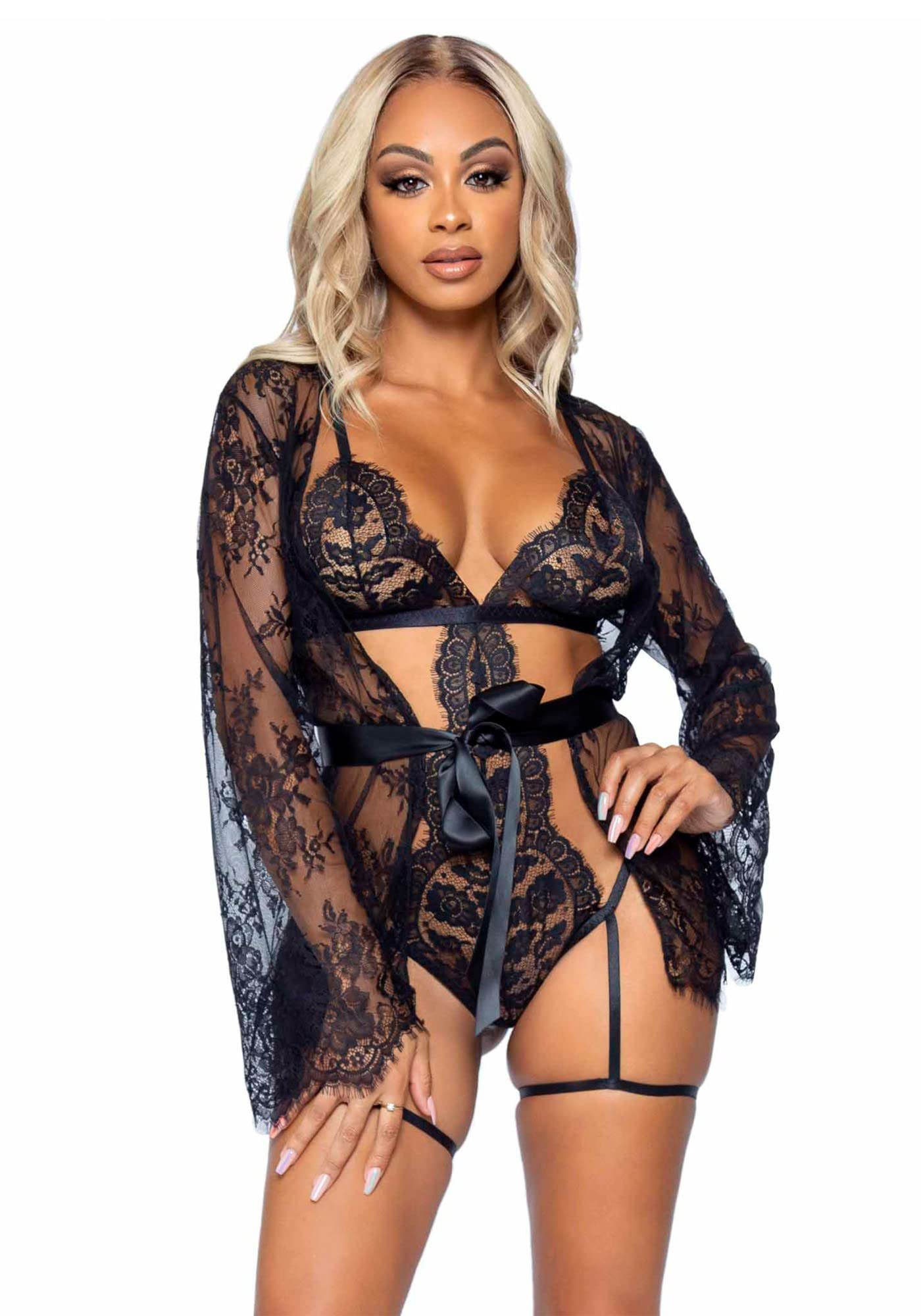 Leg Avenue Kostiumy dla dorosłych Kobiety 3 Pc Eyelash Lace Garter G-string Teddy With Lace Robe, Ribbon Tie