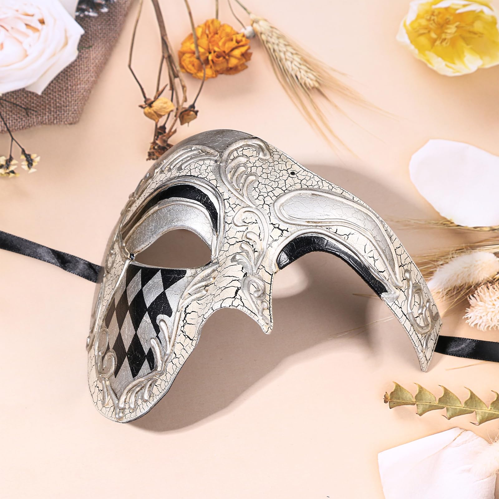 Oidea Masquerade Mask for Men: Vintage One Eyed Half Face Masks Phantom Of The Opera Mask for Halloween Mardi Gras Carnival Venetian Costume Prom Party White - Image 4