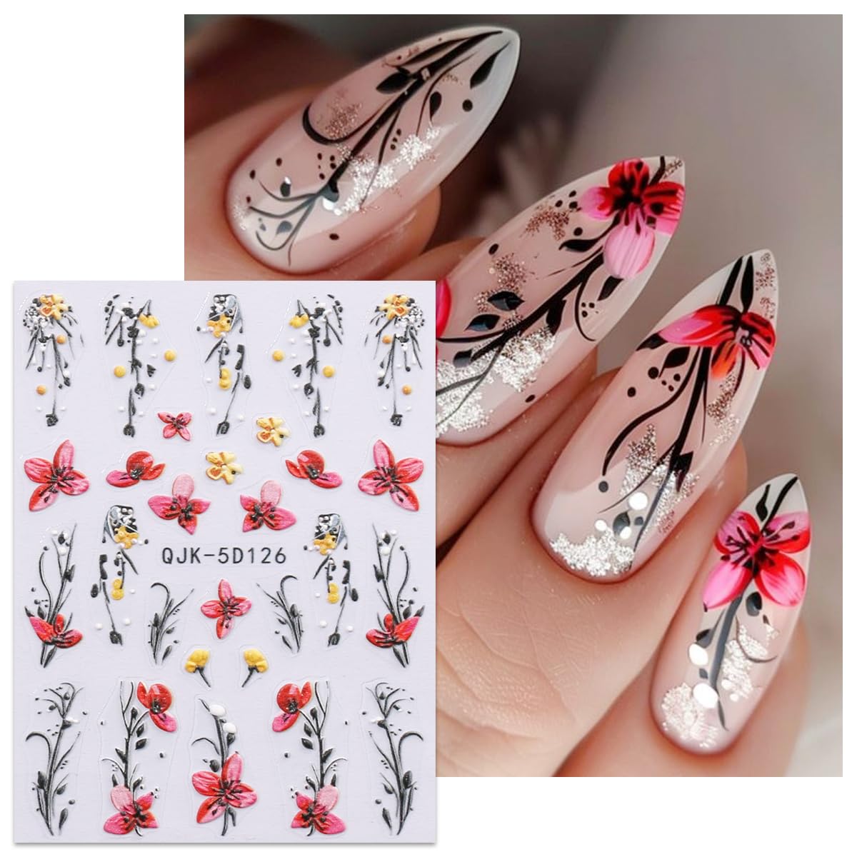 JMEOWIO 3D Nagelsticker, 4 Blätter Mit Blumen & Frühlingsmotiven | Selbstklebend Für DIY-Nageldesign