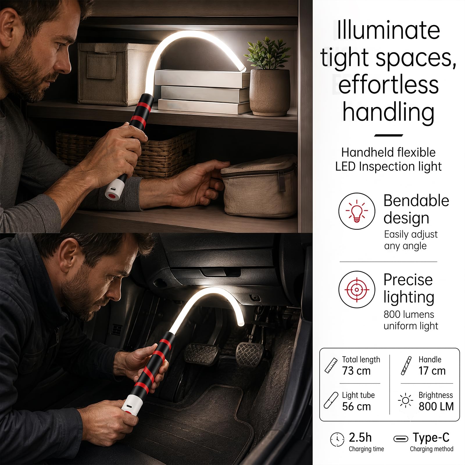 Lampada da lavoro a LED con batteria, 3 livelli di luminosità, impermeabile, 73 cm, flessibile a collo di cigno, lampada da officina, ricaricabile tramite USB, per riparazioni auto, campeggio