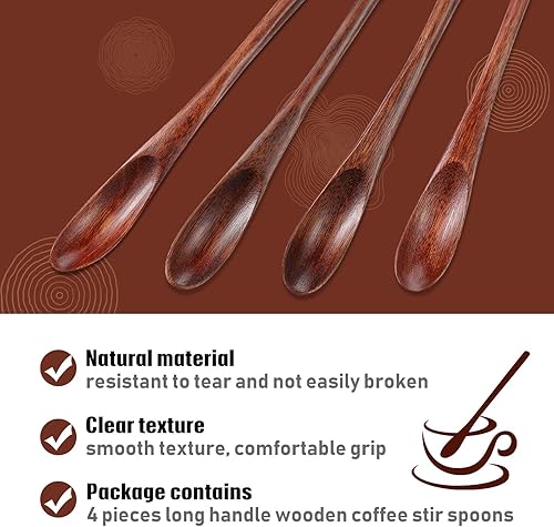 Miniatura 3 de 4 cucharas de madera para mezclar café de mango largo, cucharas de té helado de madera, cuchara pequeña para mezclar café, té, bebidas, 7.87 pulgadas