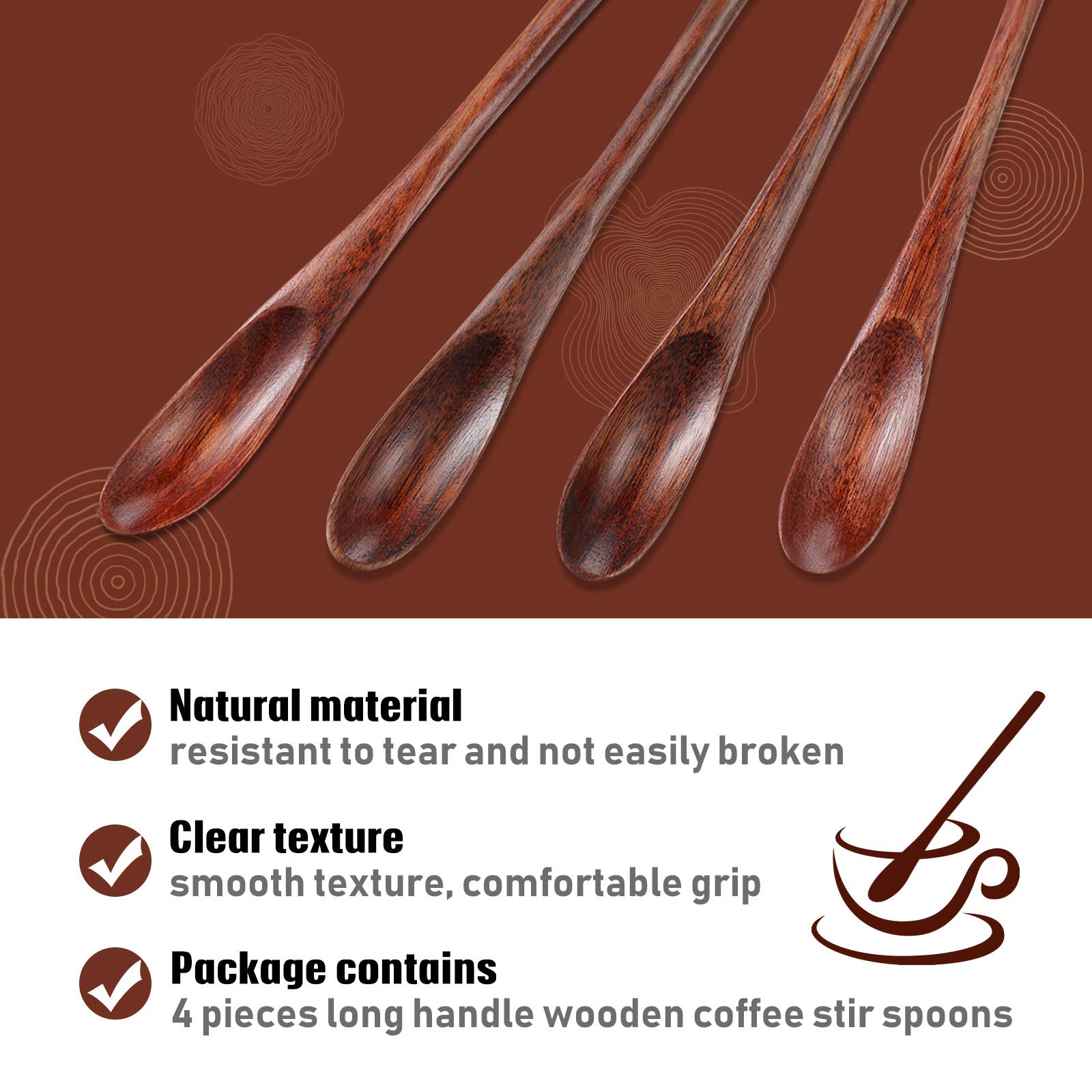 BCHKO - 2 Cuillères En Bois à Long Manche Pour Café, Thé Glacé Et Cocktails - Brun Foncé - Naturel Et Réutilisable