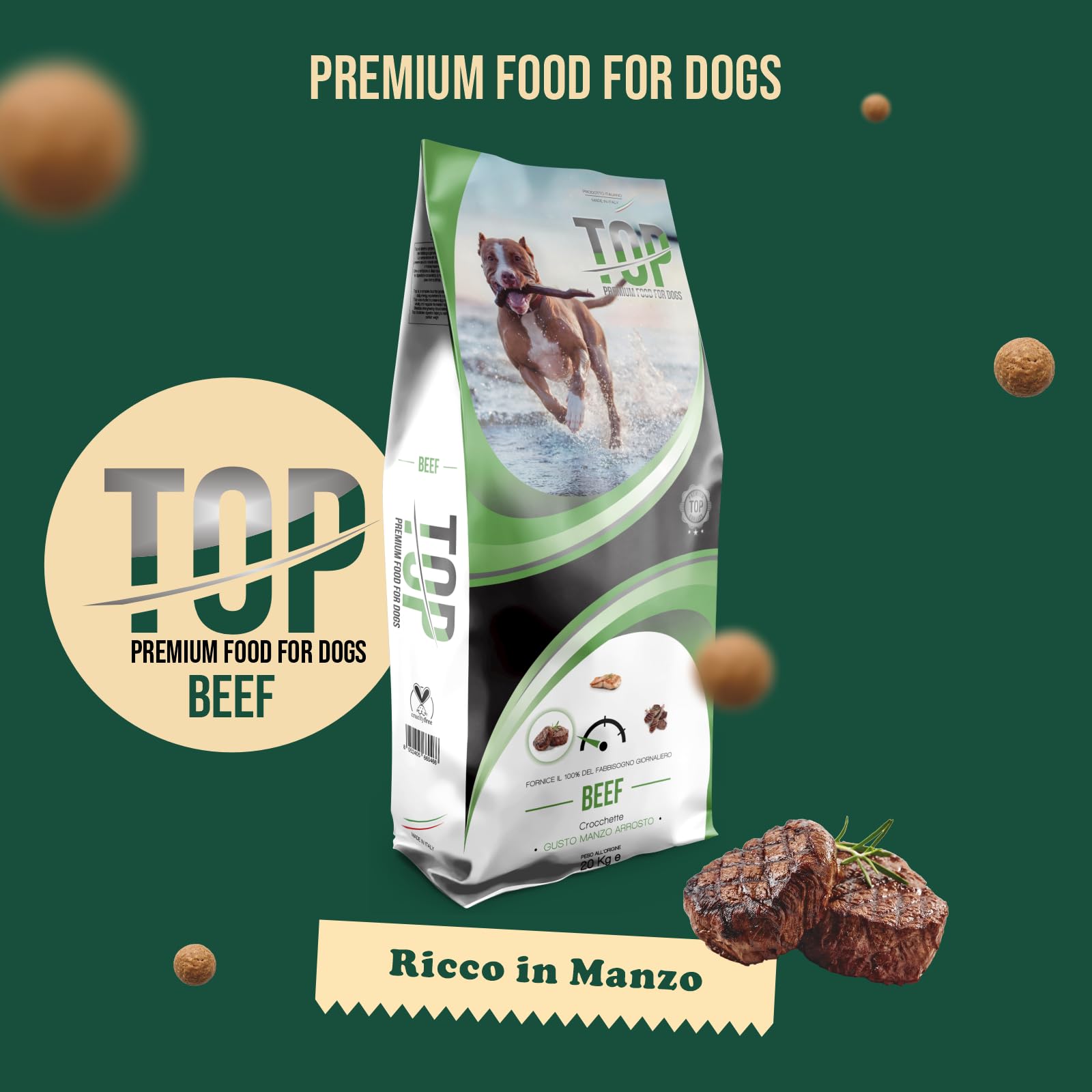 Top Beef – Sabor carne de vacuno, alimento seco apto para el mantenimiento de perros adultos de talla media/grande – 20 kg